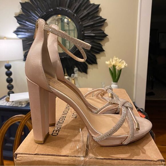 Jewel Badgley Mischka Champagne Lexie Knotted Platform Block Heel Size 9.5 - Picture 5 of 10